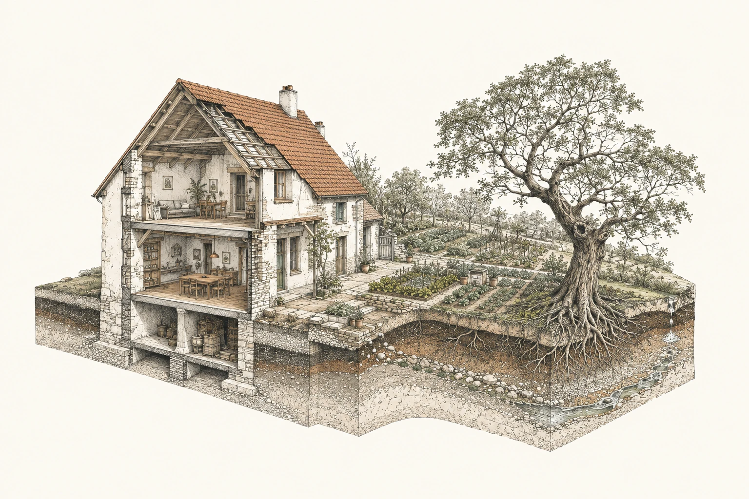 Schnittzeichnung eines bewohnten Landhauses mit sichtbarem Mauerwerk und Fundament, Garten, Baumwurzeln, Bodenschichten und Wasserlauf.